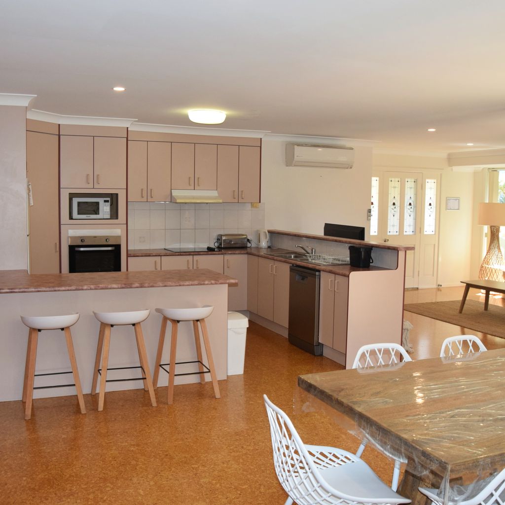 Kitchen, dining and living area.