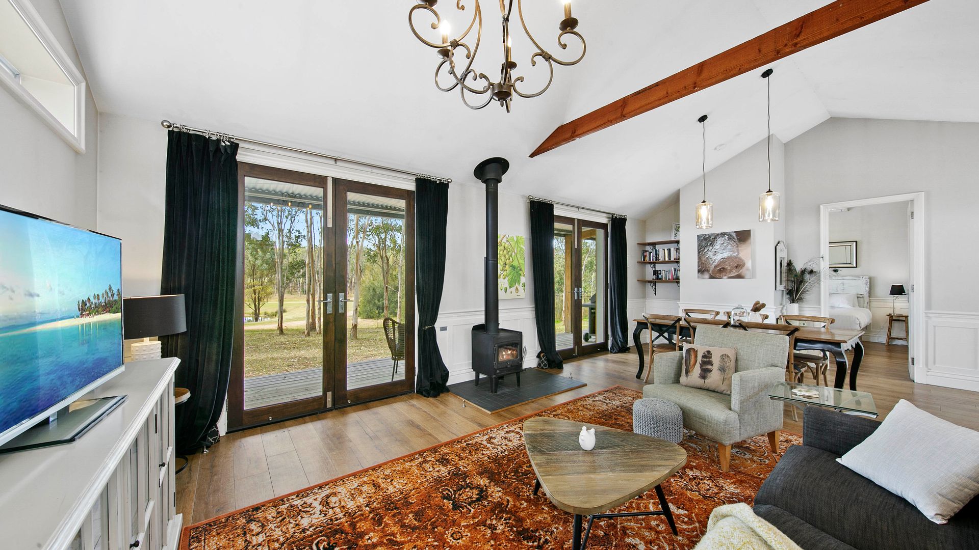 Luxe lounge area with fireplace
