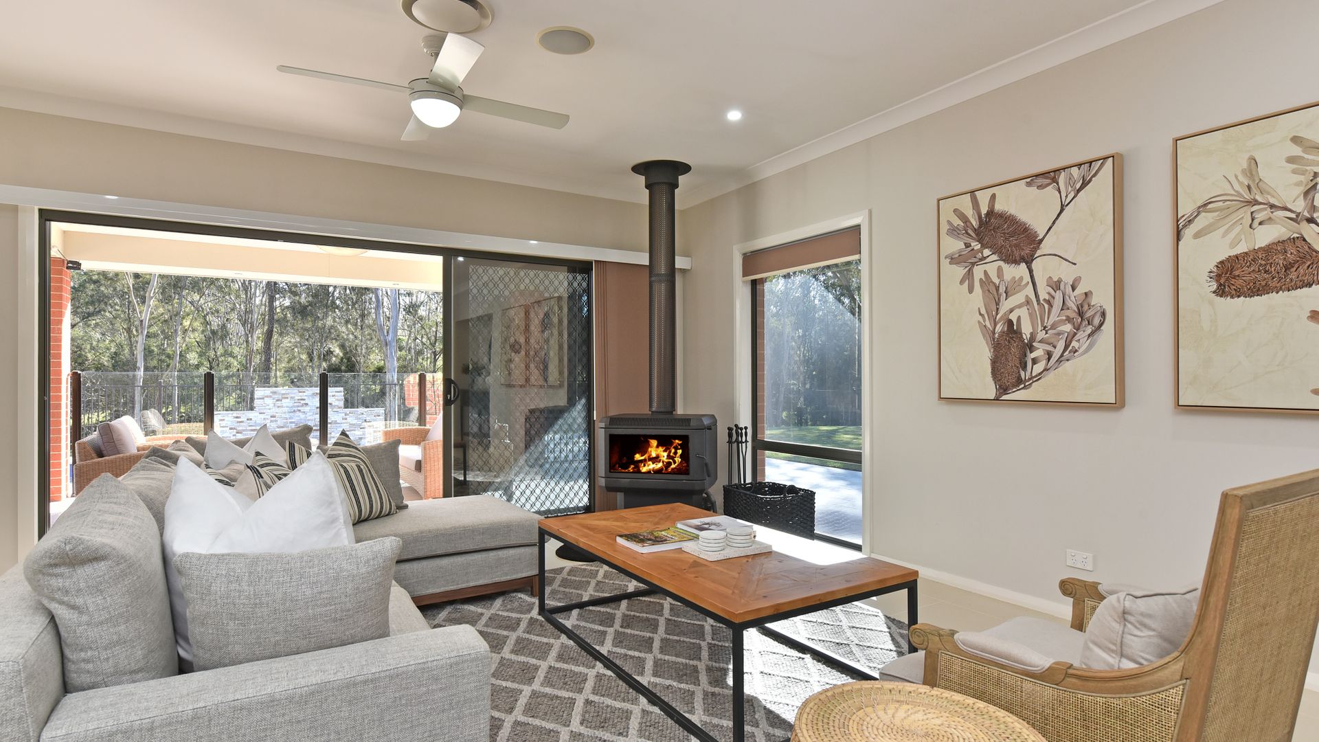 Cosy living area with indoor fireplace and ducted air con