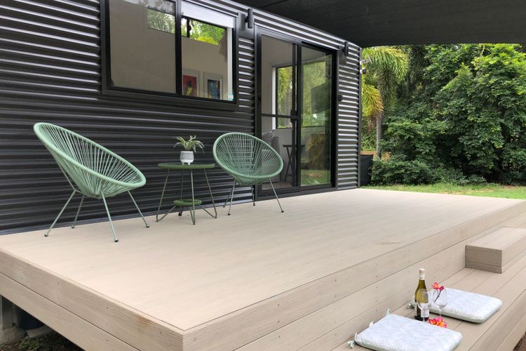 Shaded outdoor deck area