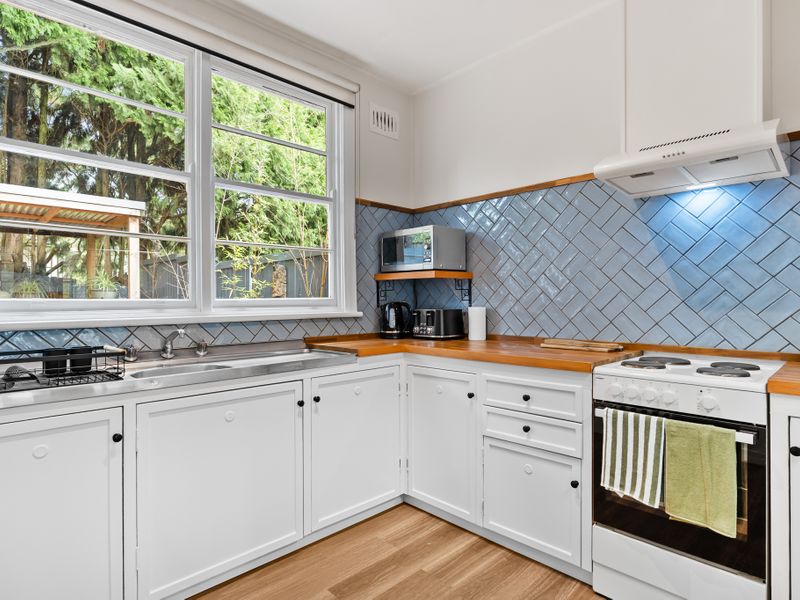 Modern kitchen with stylish blue tiles.