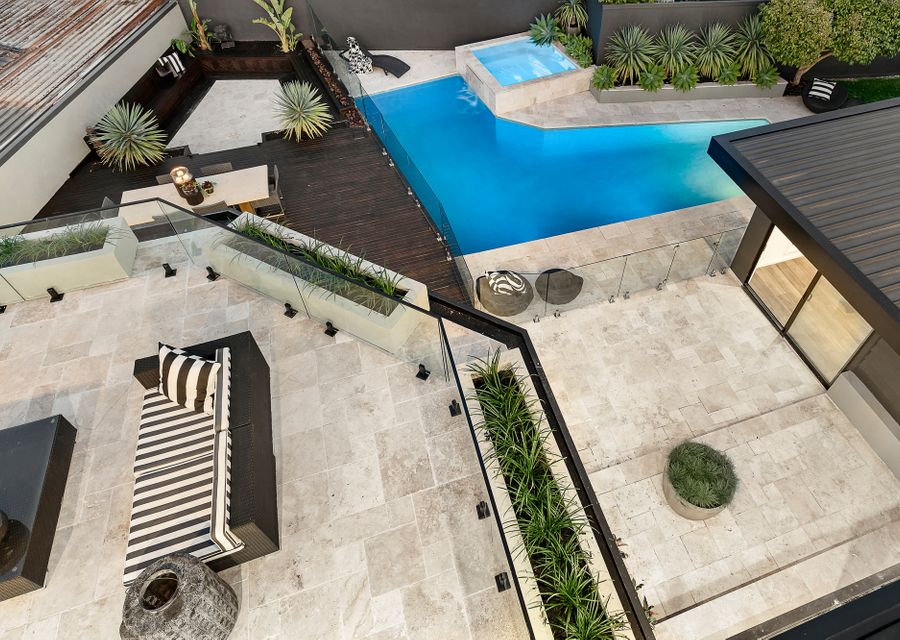 Aerial view of the pool and entertaining area 